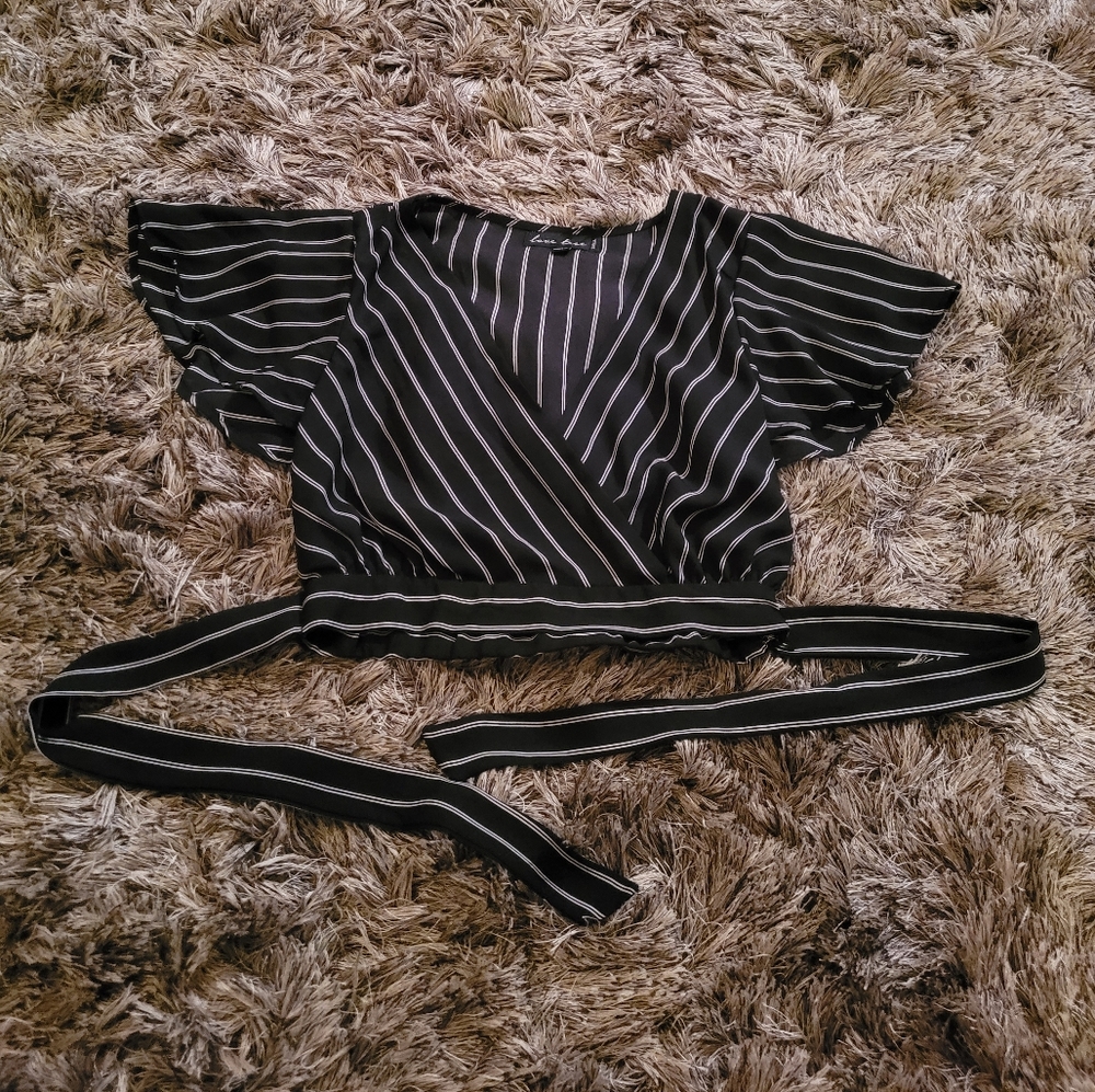 NWOT Cropped Black Shirt with White Stripes, Size Small